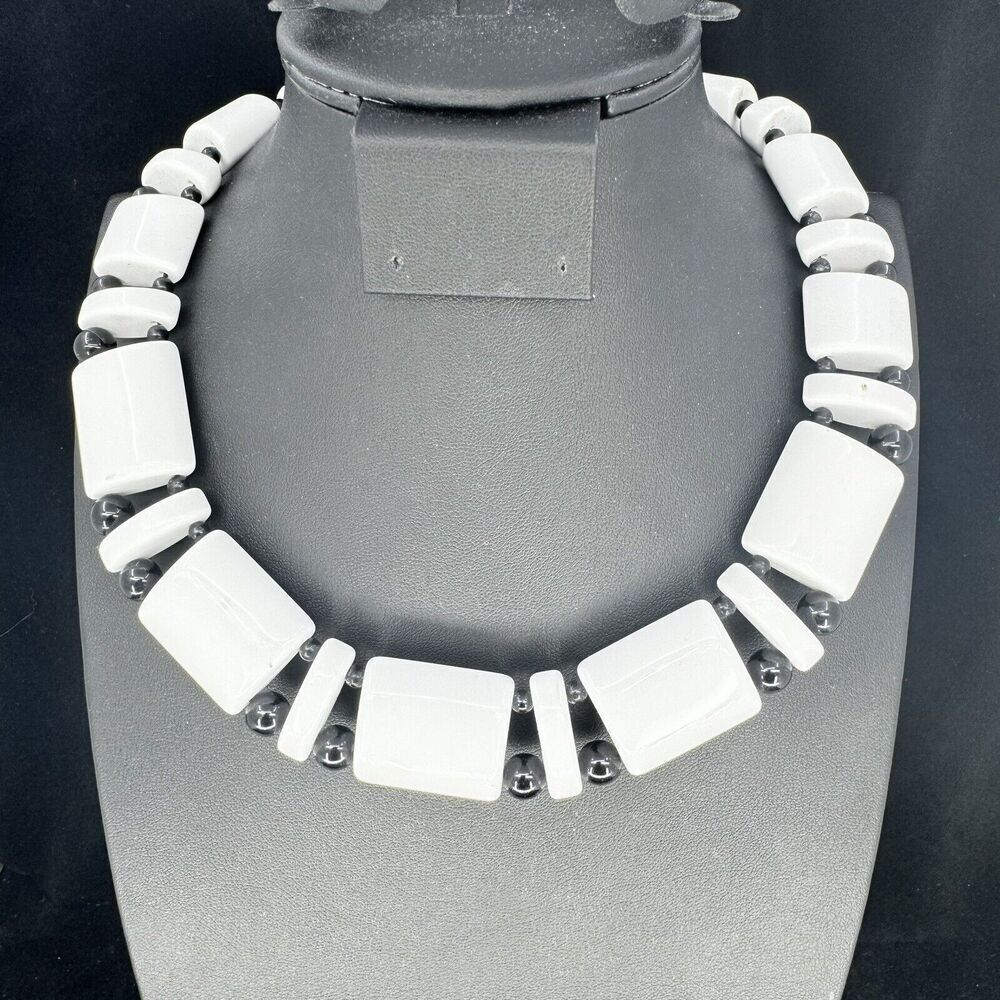VINTAGE GOLD TONE MILK BLACK COLOR LUCITE CHOKER NECKLACE~SIGNED: MONET